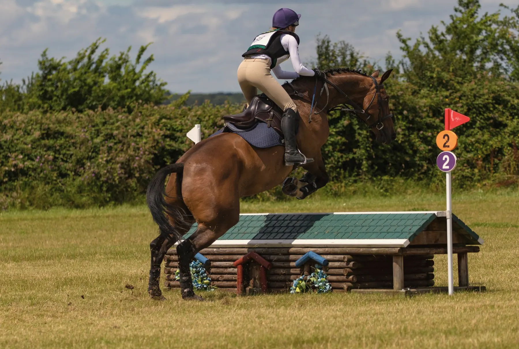 Paard en ruiter springen over een boomstam op een crossparcours